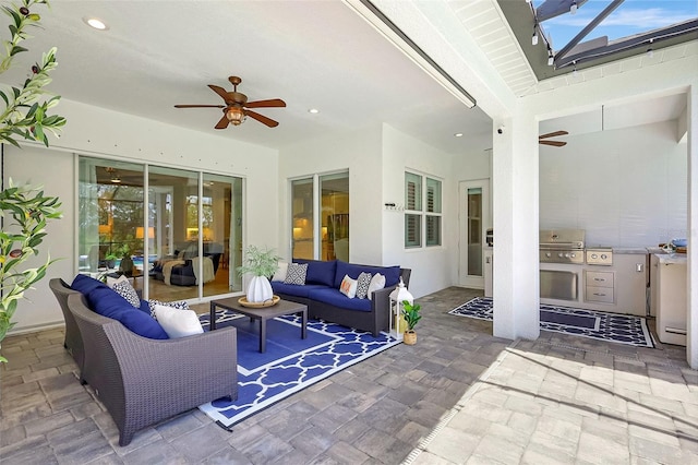 13918 Old Creek Ct, Parrish, FL 34219 - view of patio / terrace featuring an outdoor hangout area, ceiling fan, exterior kitchen, and a grill