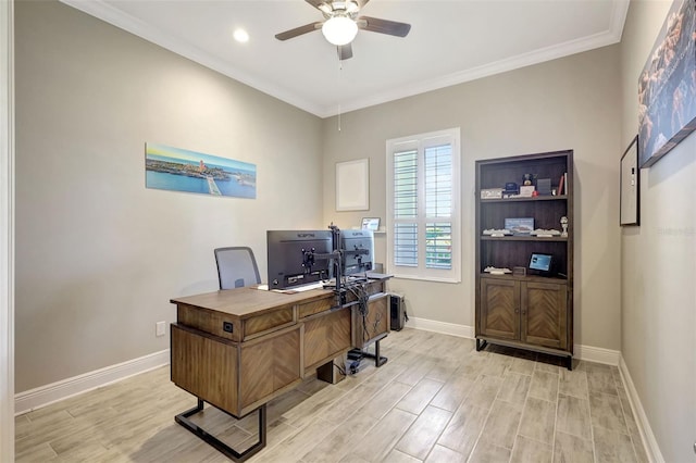 13918 Old Creek Ct, Parrish, FL 34219 - home office with a ceiling fan, baseboards, light wood-type flooring, ornamental molding, and recessed lighting