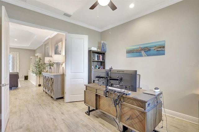 13918 Old Creek Ct, Parrish, FL 34219 - office space with a ceiling fan, baseboards, light wood-style flooring, ornamental molding, and recessed lighting