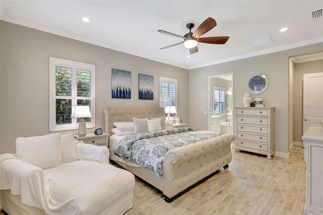 13918 Old Creek Ct, Parrish, FL 34219 - bedroom featuring ornamental molding, recessed lighting, ensuite bath, baseboards, and light wood finished floors