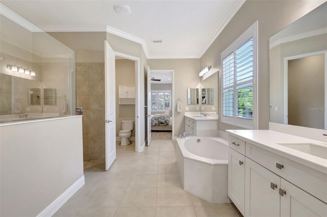 13918 Old Creek Ct, Parrish, FL 34219 - bathroom with walk in shower, tile patterned flooring, ornamental molding, a garden tub, and toilet