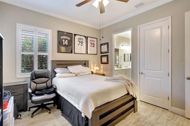 13918 Old Creek Ct, Parrish, FL 34219 - bedroom with ornamental molding, light wood-style floors, connected bathroom, ceiling fan, and baseboards