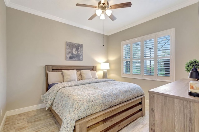 13918 Old Creek Ct, Parrish, FL 34219 - bedroom featuring baseboards, light wood-style flooring, ornamental molding, and a ceiling fan