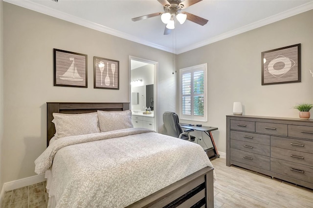 13918 Old Creek Ct, Parrish, FL 34219 - bedroom with ornamental molding, baseboards, light wood-style floors, ensuite bath, and a ceiling fan