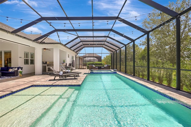 13918 Old Creek Ct, Parrish, FL 34219 - view of swimming pool featuring an outdoor living space, a patio area, ceiling fan, a pool with connected hot tub, and a lanai