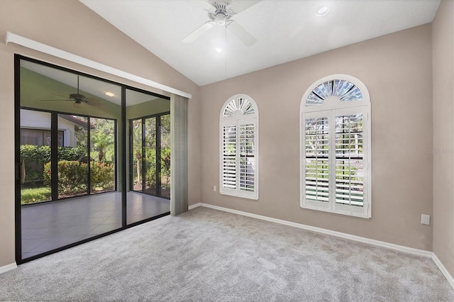 4517 Las Brisas Ln, Sarasota, FL 34238 - empty room with a ceiling fan, carpet flooring, plenty of natural light, vaulted ceiling, and recessed lighting