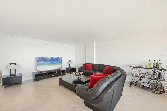 living room with crown molding and light tile patterned floors