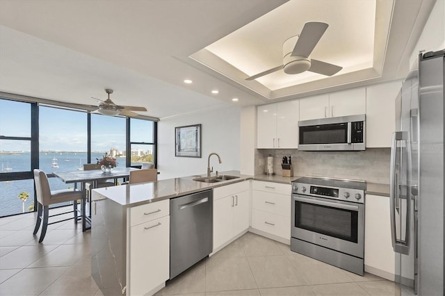 kitchen featuring appliances with stainless steel finishes, a sink, a peninsula, a ceiling fan, and recessed lighting