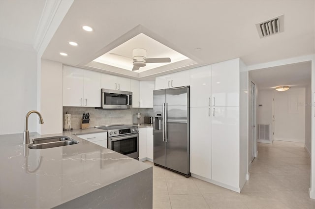 kitchen with appliances with stainless steel finishes, a sink, a raised ceiling, white cabinets, and decorative backsplash