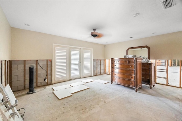 bedroom with access to exterior and ceiling fan