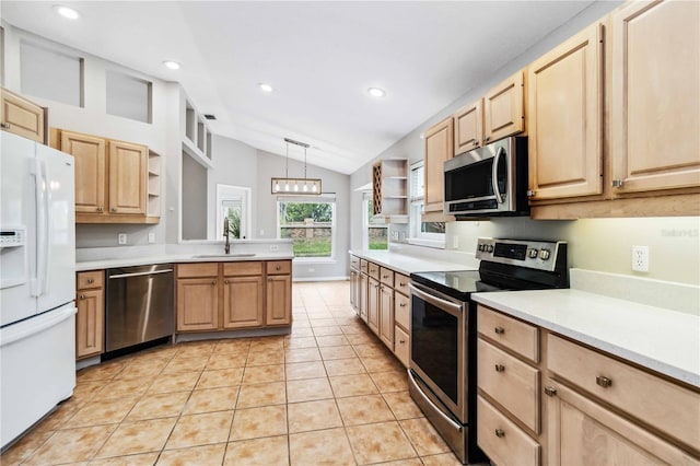 kitchen with stainless steel appliances, open shelves, light brown cabinetry, a sink, and vaulted ceiling