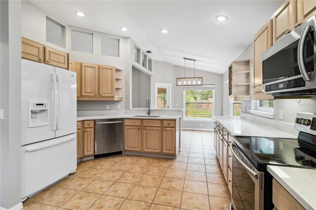 kitchen with appliances with stainless steel finishes, open shelves, a sink, lofted ceiling, and light countertops