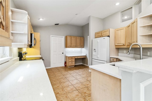 kitchen with open shelves, white refrigerator with ice dispenser, range, light brown cabinets, and vaulted ceiling