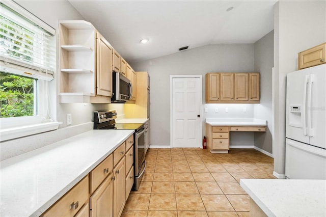 kitchen with stainless steel appliances, light brown cabinets, lofted ceiling, and recessed lighting
