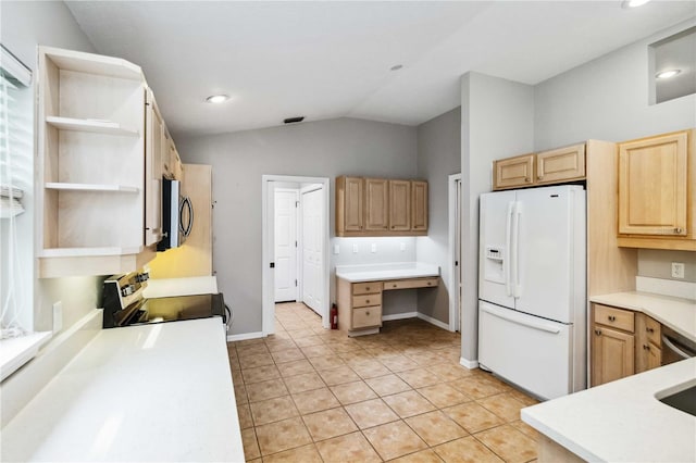 kitchen with appliances with stainless steel finishes, light brown cabinetry, vaulted ceiling, open shelves, and light countertops