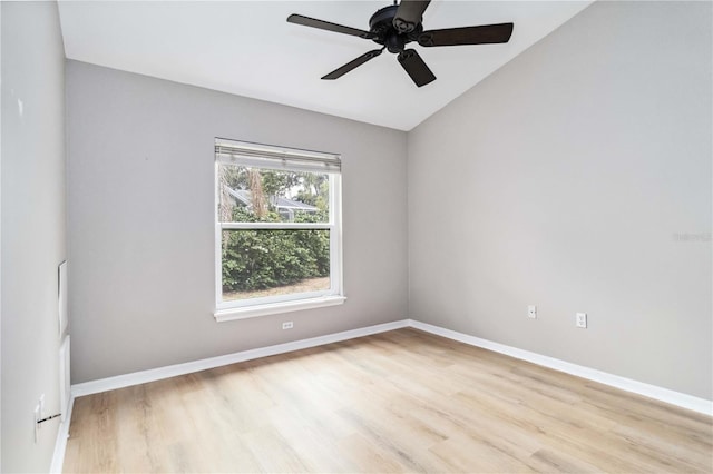 unfurnished room featuring light wood finished floors, ceiling fan, and baseboards