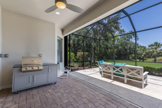 8191 Gabanna Dr, Sarasota, FL 34231 - view of patio featuring a grill, a ceiling fan, a lanai, and outdoor lounge area