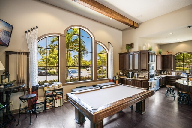 8191 Gabanna Dr, Sarasota, FL 34231 - playroom with pool table, dark wood-type flooring, beamed ceiling, and recessed lighting