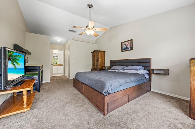 bedroom featuring lofted ceiling, carpet, baseboards, ceiling fan, and a closet