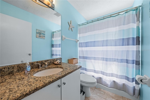 bathroom featuring a textured ceiling, toilet, vanity, tile patterned floors, and shower / bathtub combination with curtain