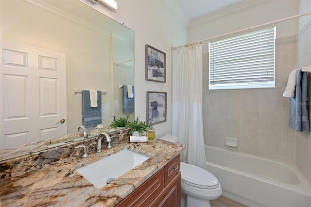 full bathroom featuring toilet, vanity, shower / tub combo, and ornamental molding