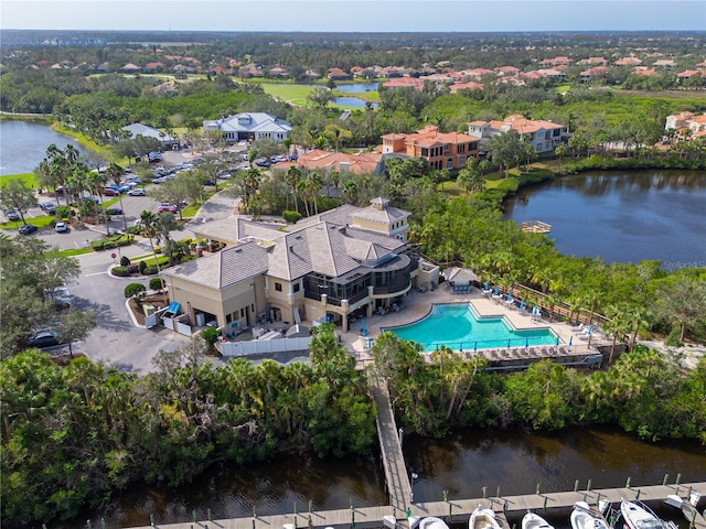 aerial view of a large body of water and a pool