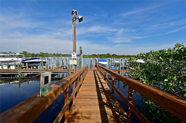 dock area with boat lift and a water view