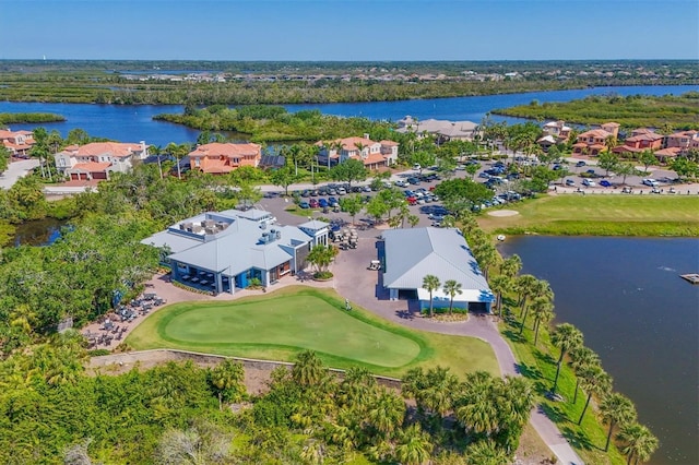 aerial view of a large body of water and a golf club