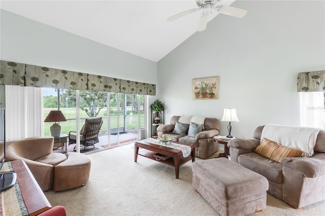 7637 Sweetbay Cir, Bradenton, FL 34203 - living area featuring high vaulted ceiling, carpet, plenty of natural light, and a ceiling fan