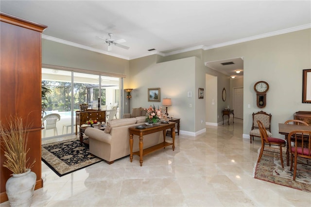 2067 Tocobaga Ln, Nokomis, FL 34275 - living room with a ceiling fan, ornamental molding, light marble finish floors, and baseboards