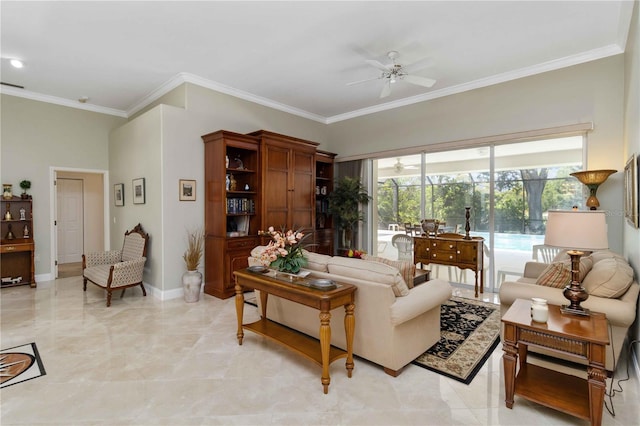 2067 Tocobaga Ln, Nokomis, FL 34275 - living area with a ceiling fan, ornamental molding, baseboards, and light marble finish flooring