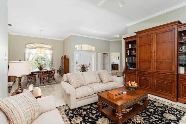 2067 Tocobaga Ln, Nokomis, FL 34275 - living area featuring a chandelier, ornamental molding, and ceiling fan