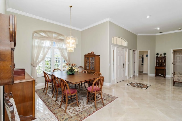2067 Tocobaga Ln, Nokomis, FL 34275 - dining space with a chandelier, crown molding, baseboards, light marble finish flooring, and recessed lighting