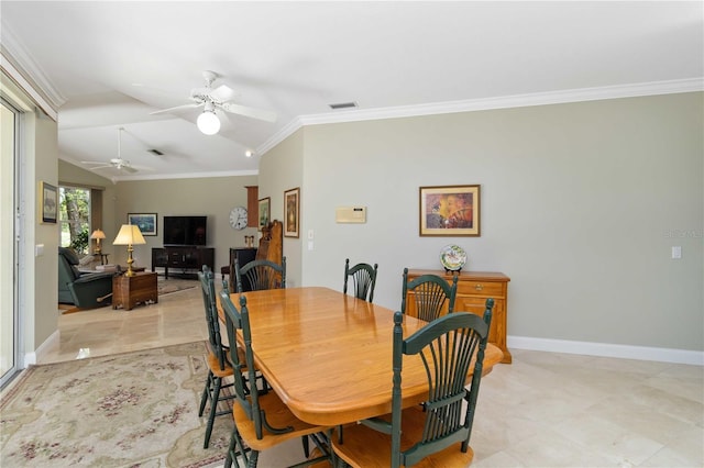 2067 Tocobaga Ln, Nokomis, FL 34275 - dining area featuring a ceiling fan, lofted ceiling, baseboards, and crown molding