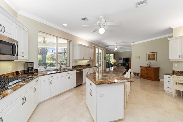 2067 Tocobaga Ln, Nokomis, FL 34275 - kitchen featuring a ceiling fan, stainless steel appliances, crown molding, a sink, and plenty of natural light