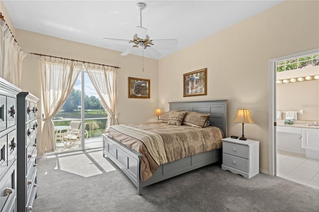 6764 Hickory Hammock Cir, Bradenton, FL 34202 - bedroom with carpet, access to exterior, ensuite bath, and a ceiling fan