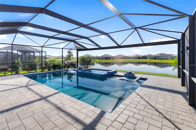 view of swimming pool with a pool with connected hot tub, a patio area, a water view, a residential view, and a lanai