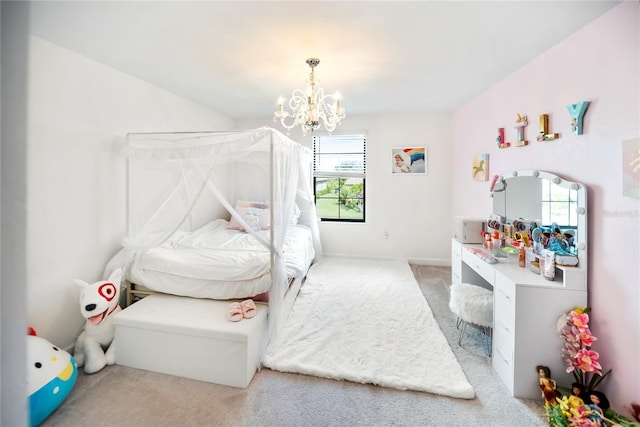 bedroom with light colored carpet and a chandelier