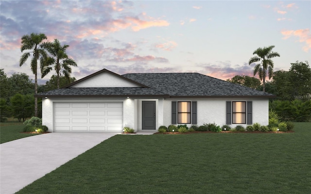 view of front facade with driveway, a lawn, an attached garage, and a shingled roof