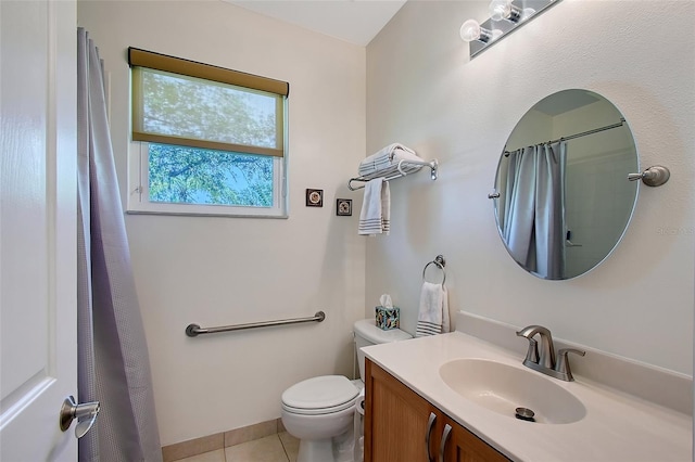 6605 38th Ln E, Sarasota, FL 34243 - bathroom featuring toilet, vanity, tile patterned flooring, and a shower with curtain