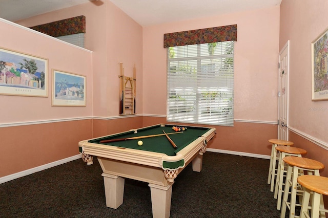 recreation room featuring carpet, pool table, and baseboards