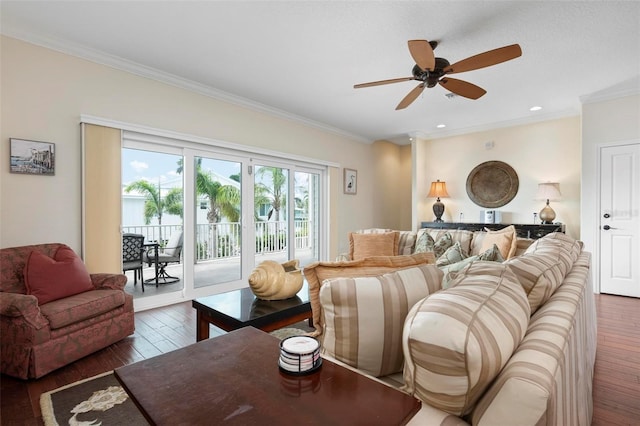 living room featuring hardwood / wood-style floors, crown molding, ceiling fan, and recessed lighting