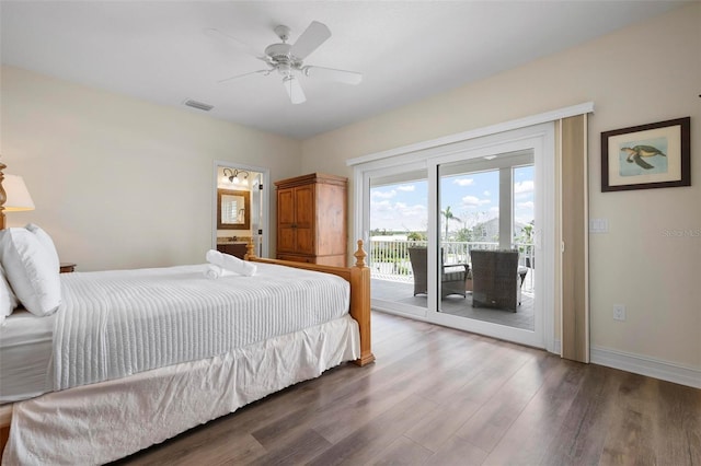 bedroom with access to outside, wood finished floors, baseboards, a ceiling fan, and connected bathroom