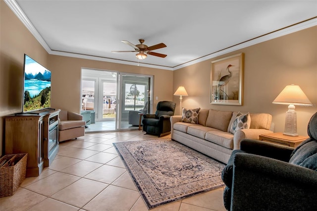 10423 Waterbird Way Unit 10423, Bradenton, FL 34209 - living area with ceiling fan, light tile patterned floors, and ornamental molding