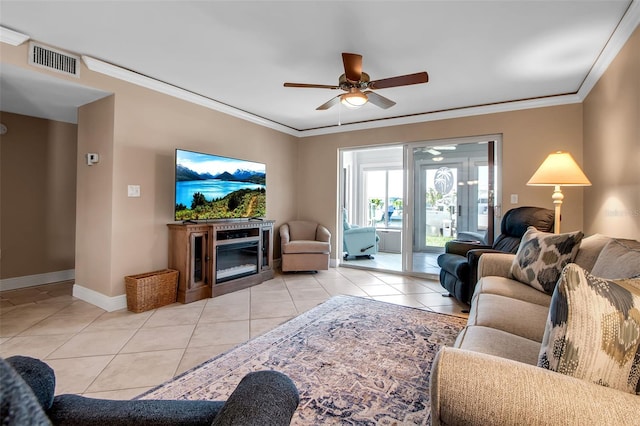 10423 Waterbird Way Unit 10423, Bradenton, FL 34209 - living area with light tile patterned flooring, ornamental molding, a ceiling fan, and baseboards