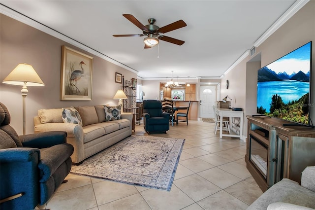 10423 Waterbird Way Unit 10423, Bradenton, FL 34209 - living area with crown molding, ceiling fan, light tile patterned floors, and a chandelier