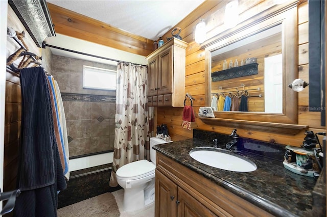 4225 Ulman Ave, North Port, FL 34286 - bathroom featuring wood walls, vanity, toilet, shower / bath combination with curtain, and tile patterned floors