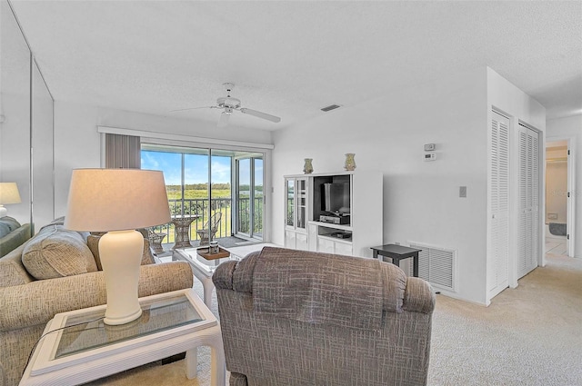 living area with carpet flooring, ceiling fan, and a textured ceiling