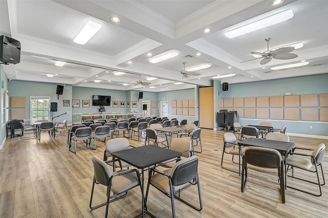 dining area featuring coffered ceiling, ceiling fan, light wood-style floors, beamed ceiling, and recessed lighting