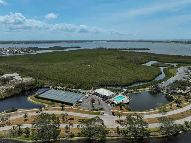 aerial view of property and surrounding area featuring a large body of water